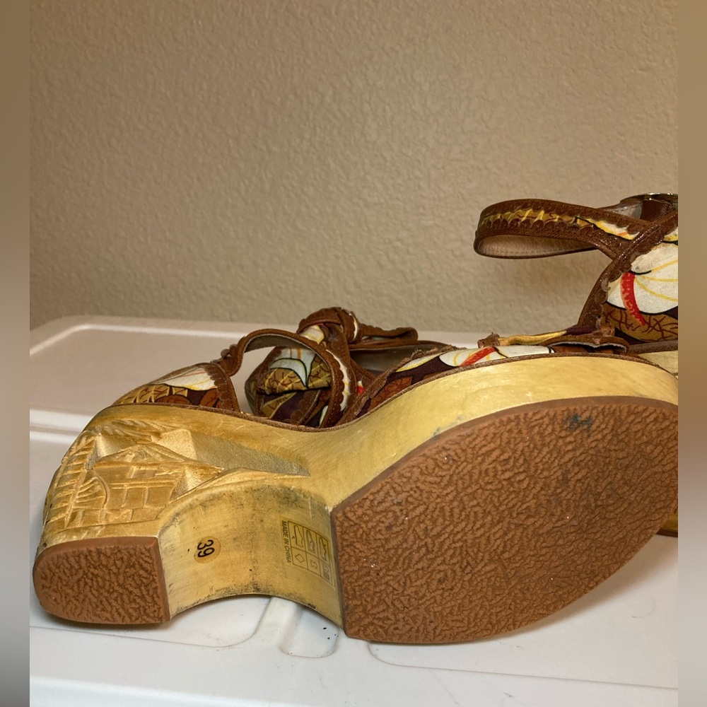 Brown Floral Wedge Sandals with Ankle Strap - Picture 9 of 11